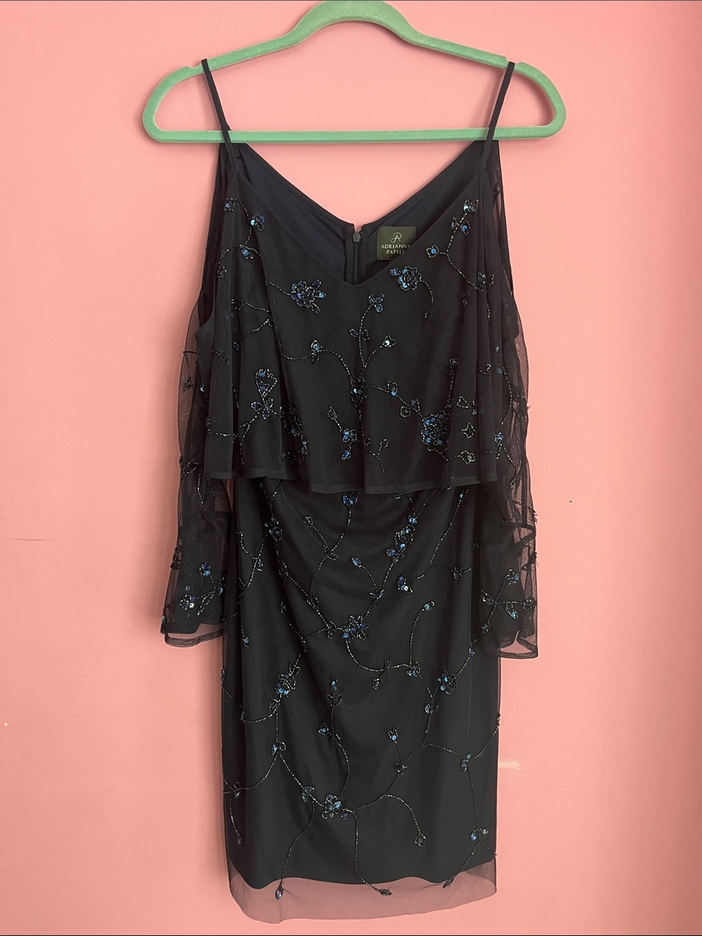 Adrianna Papell Black Mesh Overlay Dress with Blue Beaded Floral Embroidery